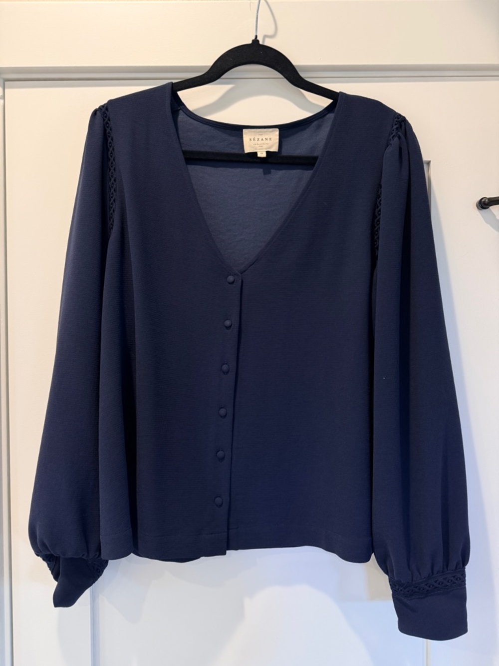 Sezane Navy V-Neck Button Front Blouse Size 12
